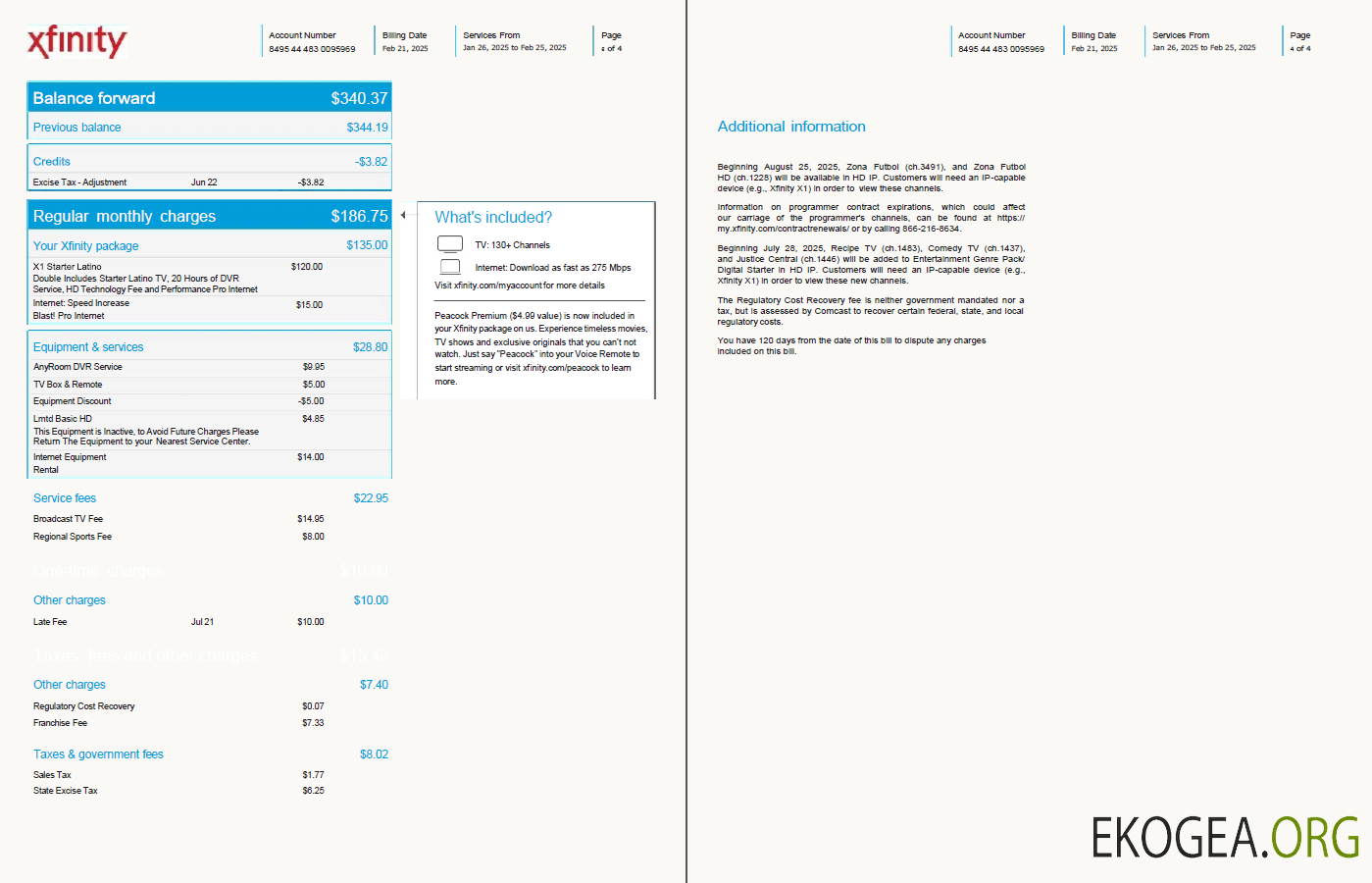 Usa Xfinity utility bill template in word and pdf formats, 4 pages, version 2, 3 4 pages template